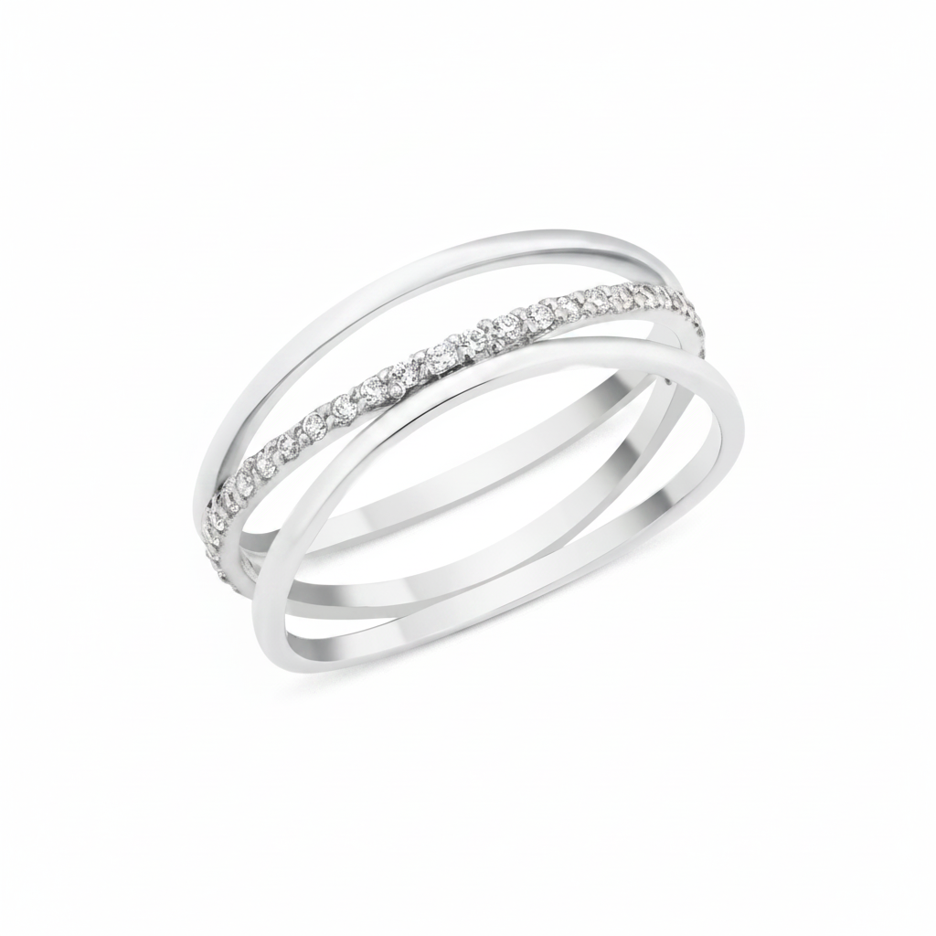 white gold sweeping trio ring on white background