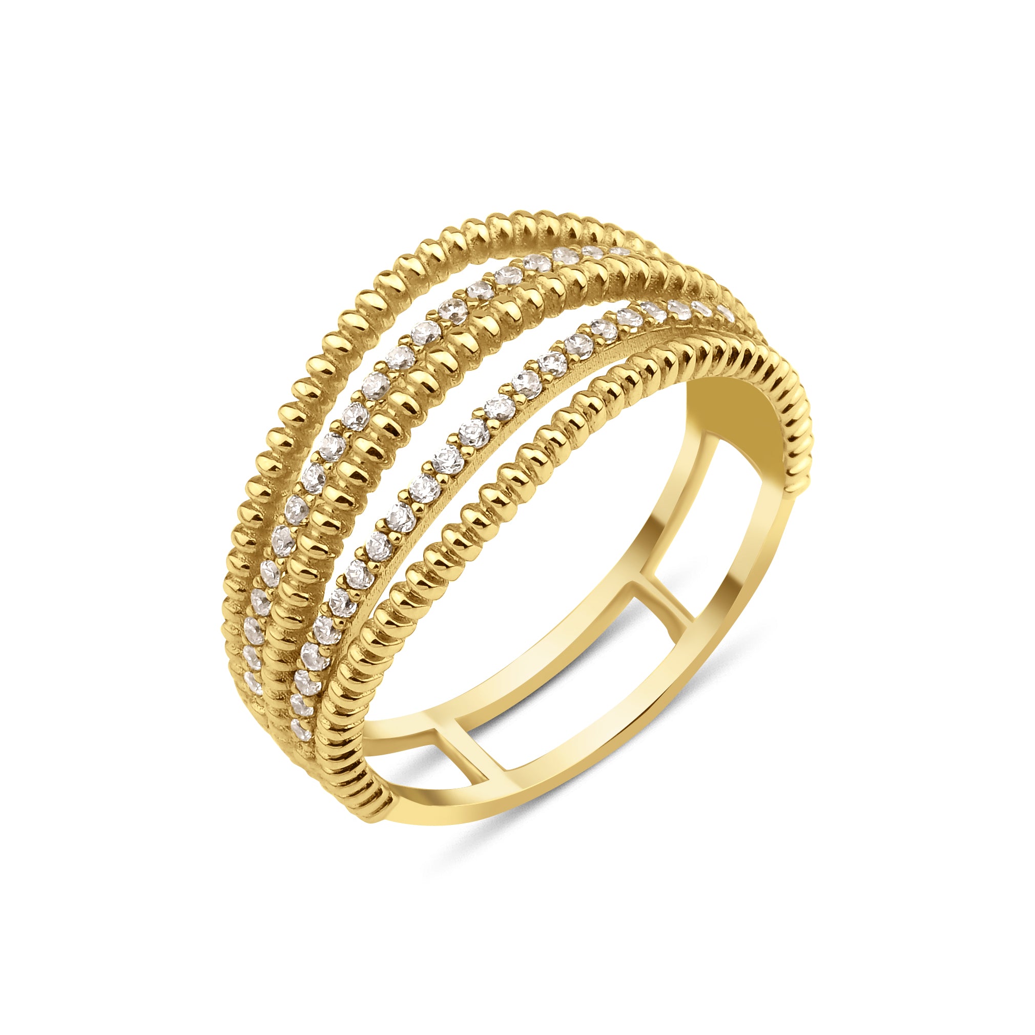 yellow gold beaded row ring on white background