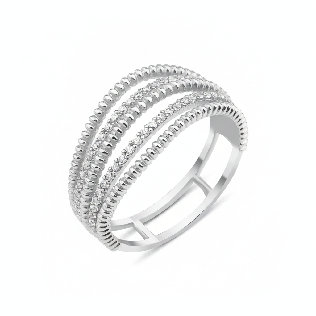 white gold beaded row ring on white background