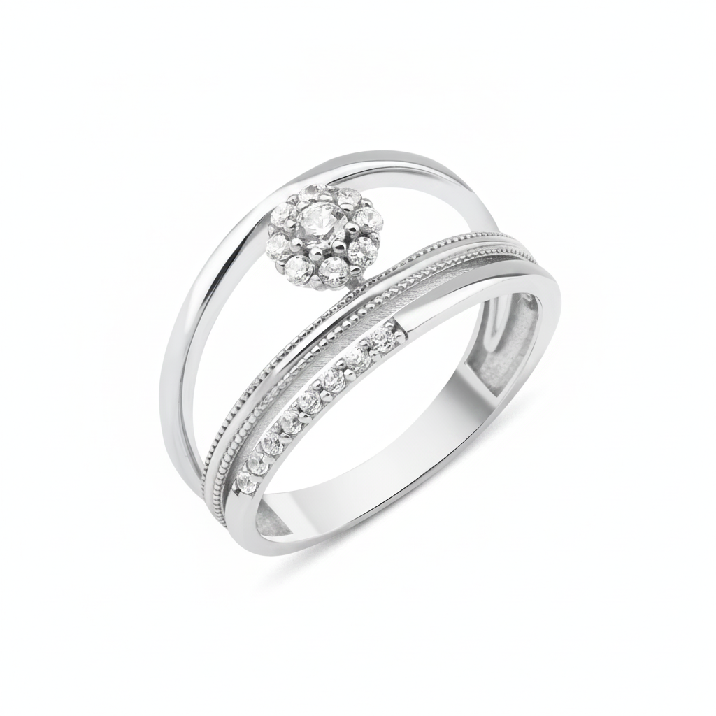 white gold dual arc ring on white background