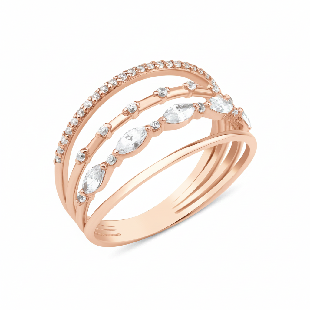 rose gold multi band ring on white background