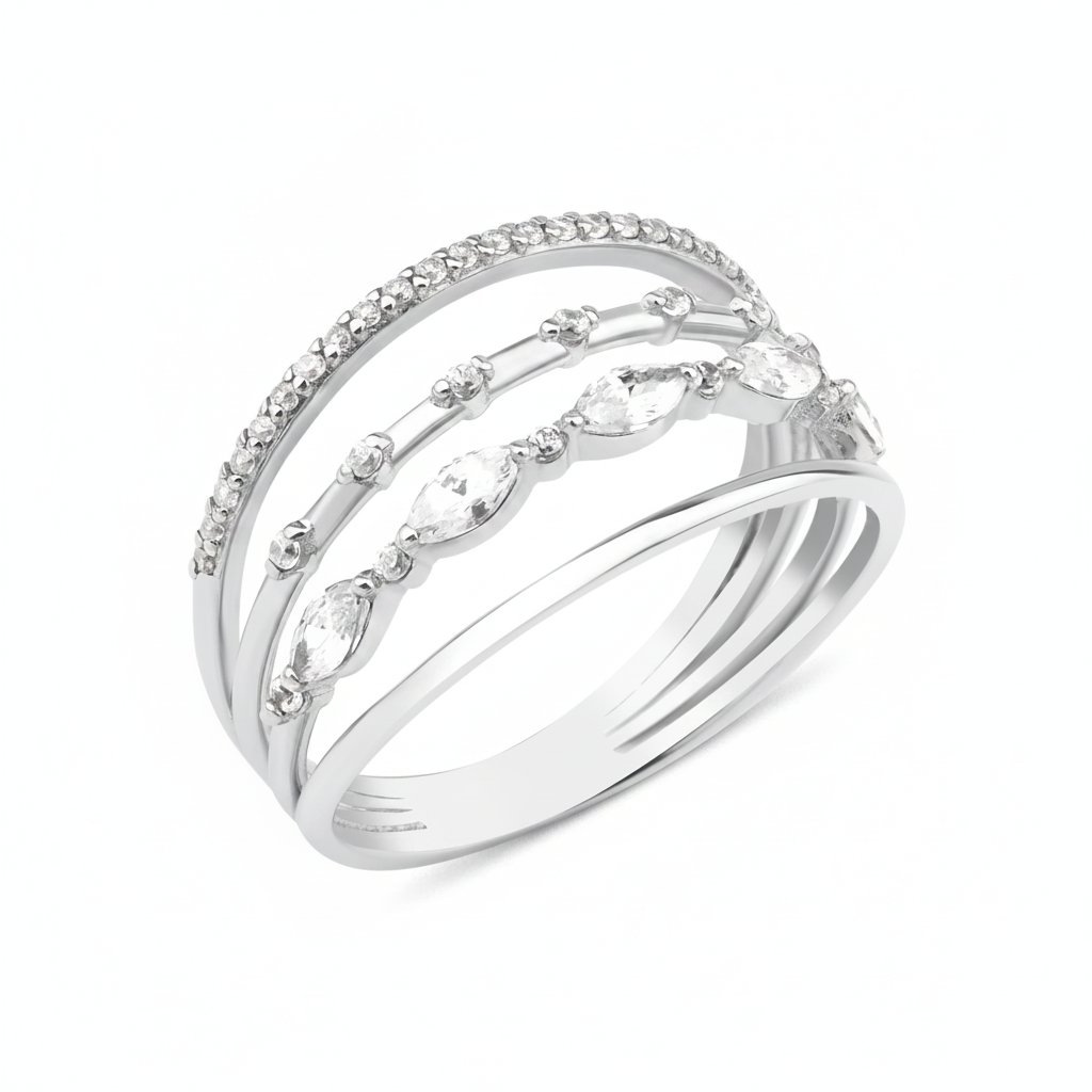 white gold multi band ring on white background