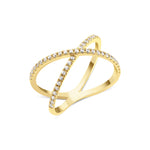 yellow gold crossover pave ring on white background