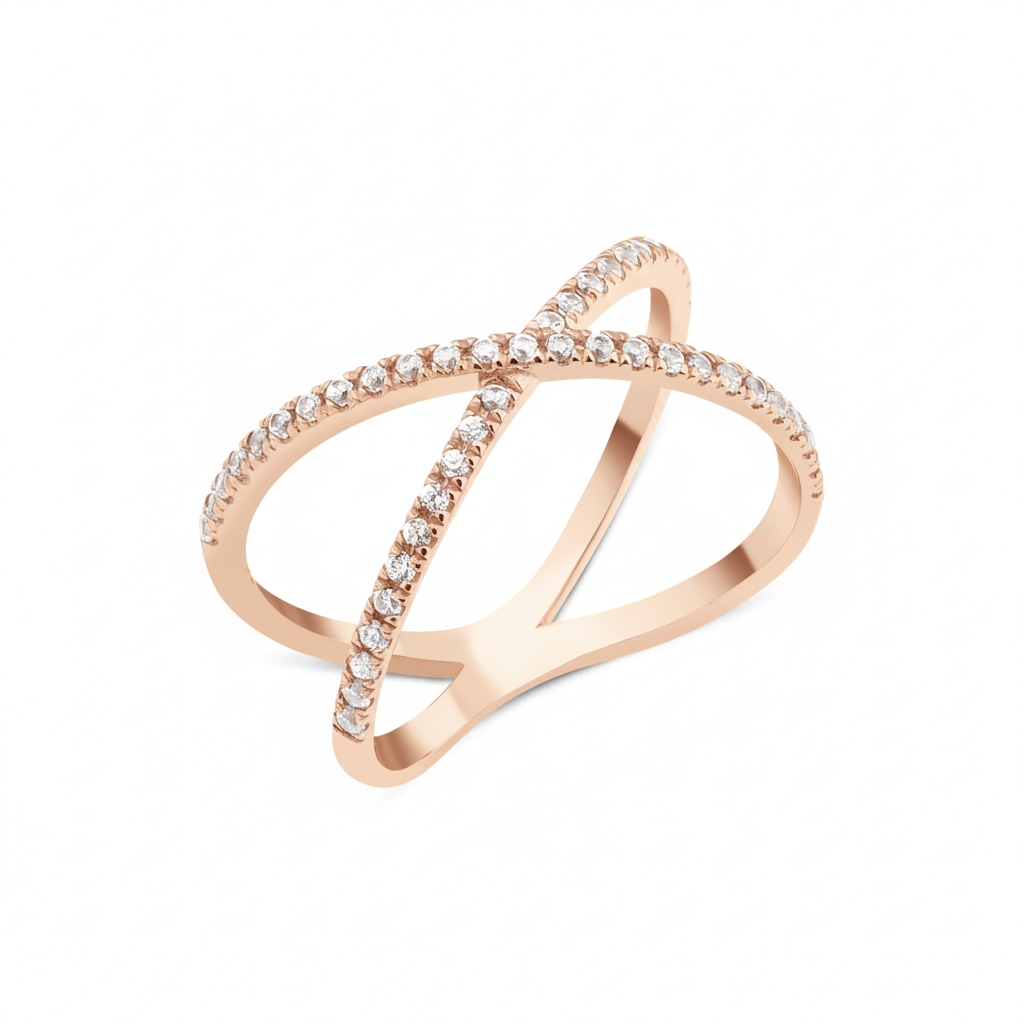 rose gold crossover pave ring on white background