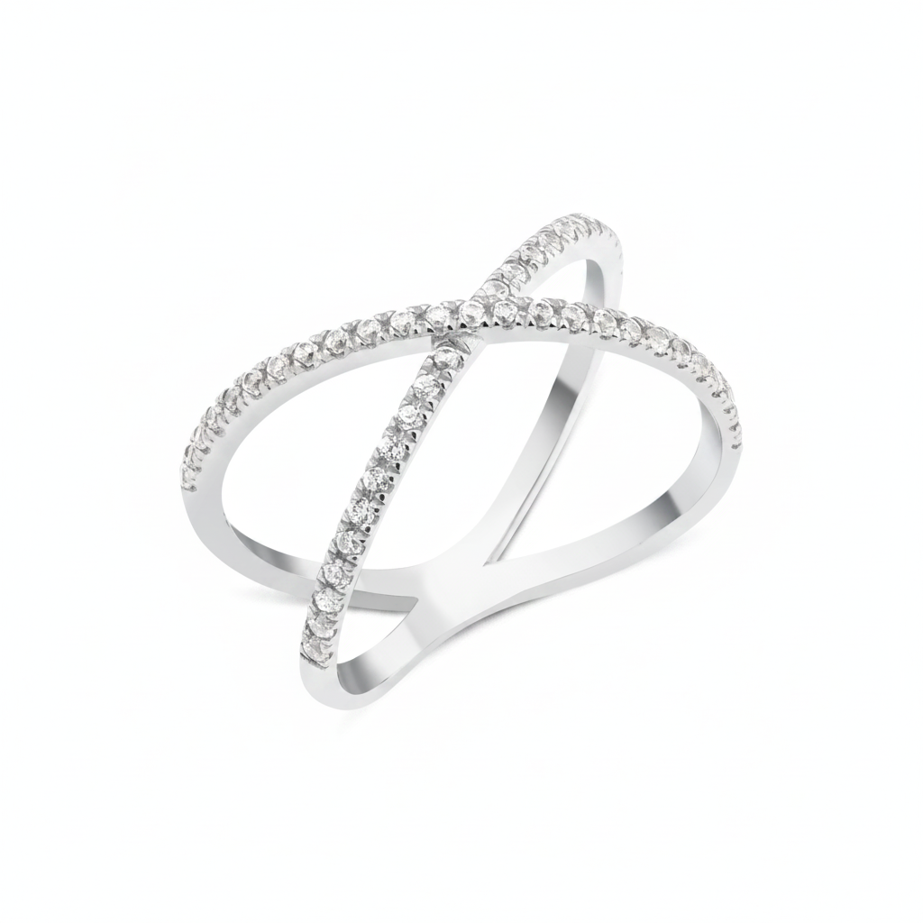 white gold crossover pave ring on white background