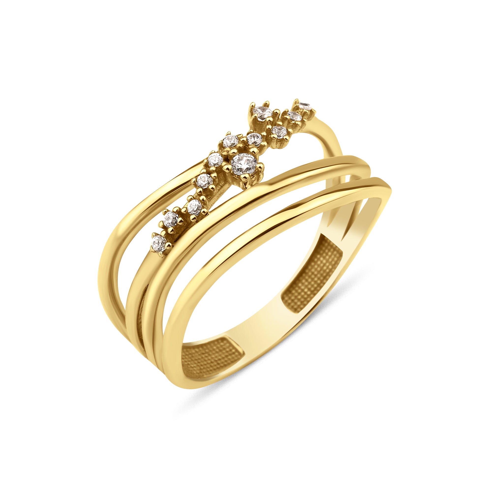 yellow gold fluid trail ring on white background