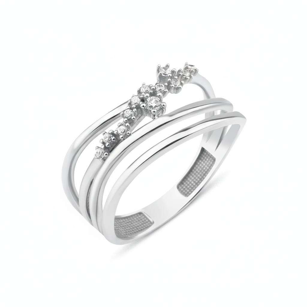 white gold fluid trail ring on white background