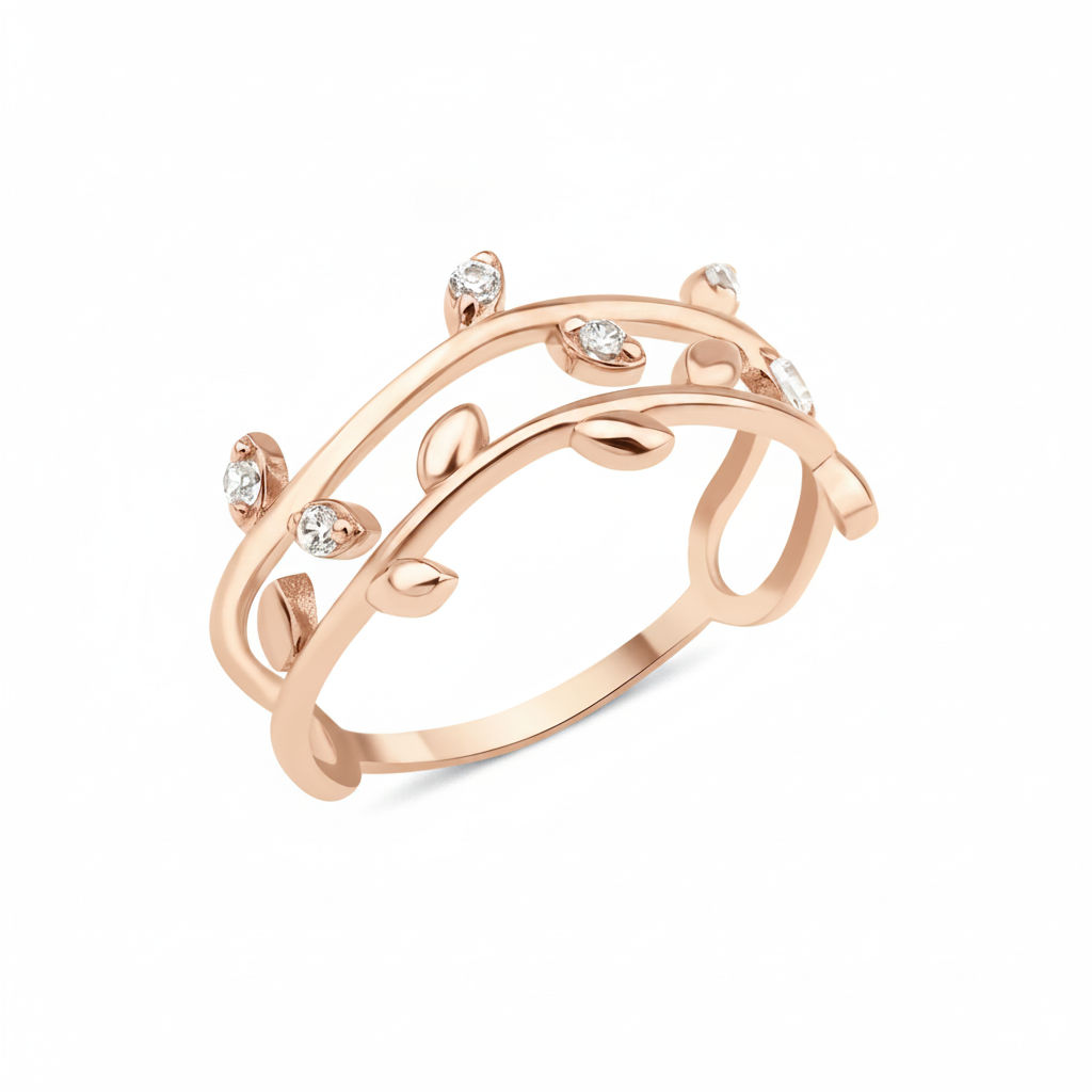 rose gold vine leaf ring on white background