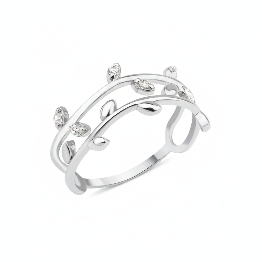 white gold vine leaf ring on white background