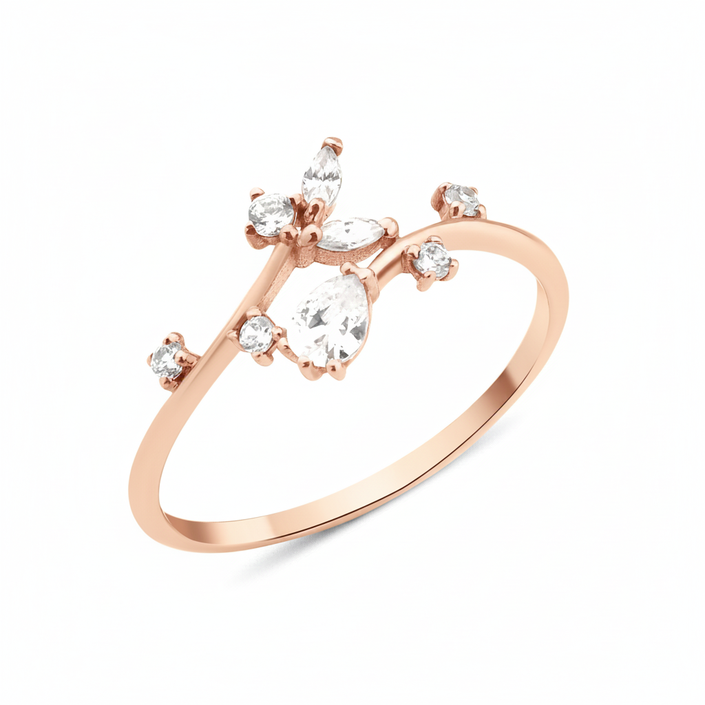 rose gold dew stem ring on white background