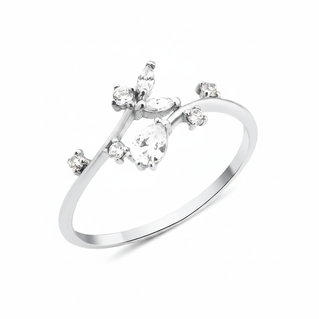 white gold dew stem ring on white background