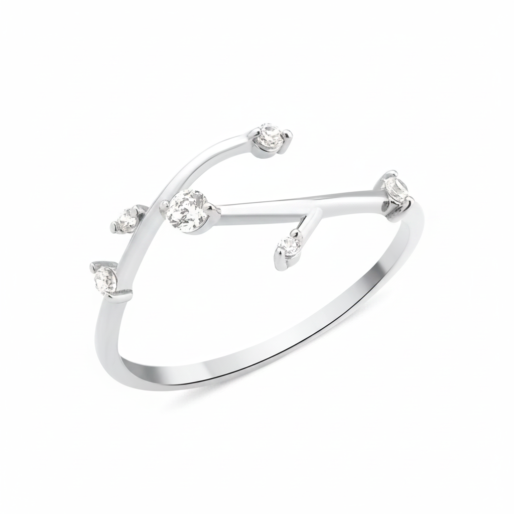 white gold twig branch ring on white background