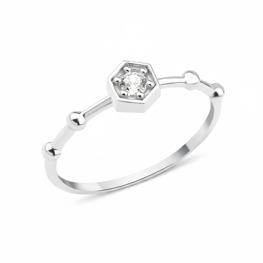 white gold hexagon bead ring on white background