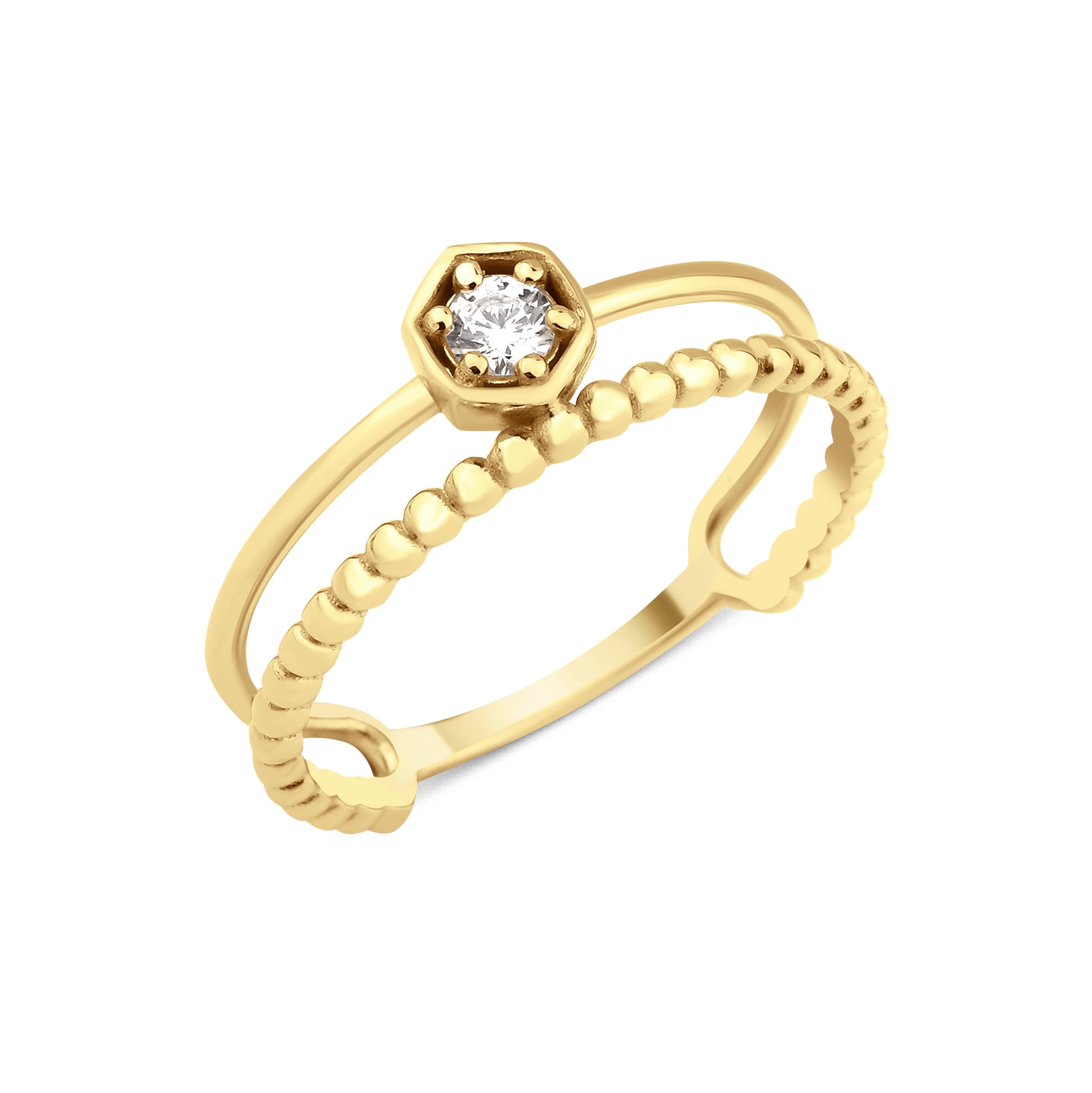 yellow gold dual hexagon ring on white background