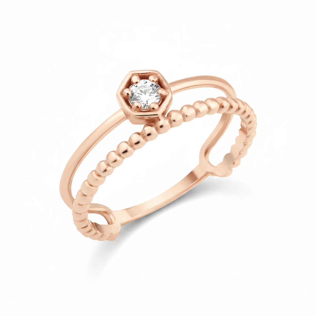 rose gold dual hexagon ring on white background
