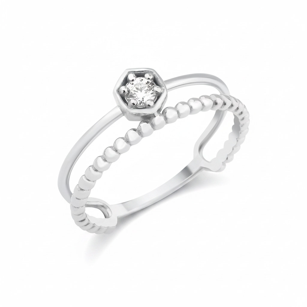 white gold dual hexagon ring on white background