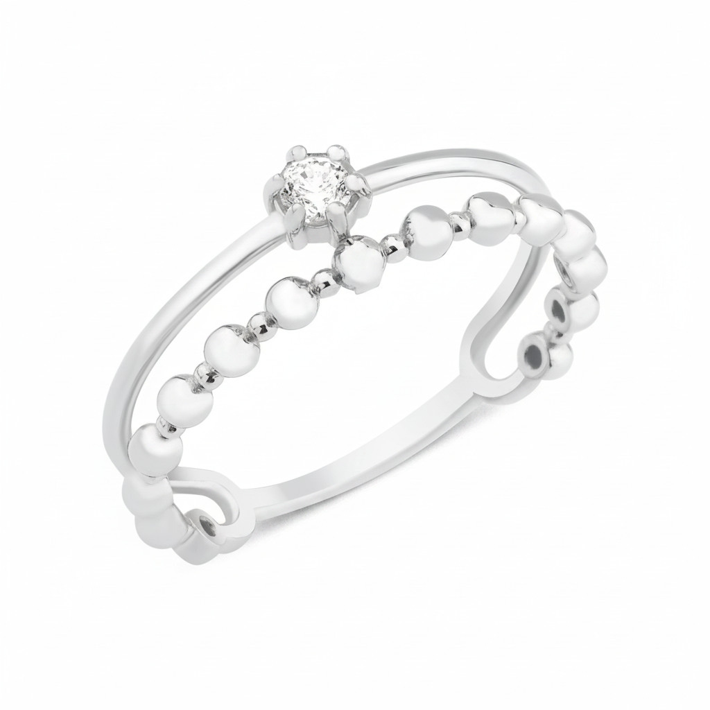 white gold smooth beaded ring on white background