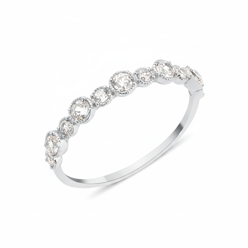 white gold rising cadence ring on white background
