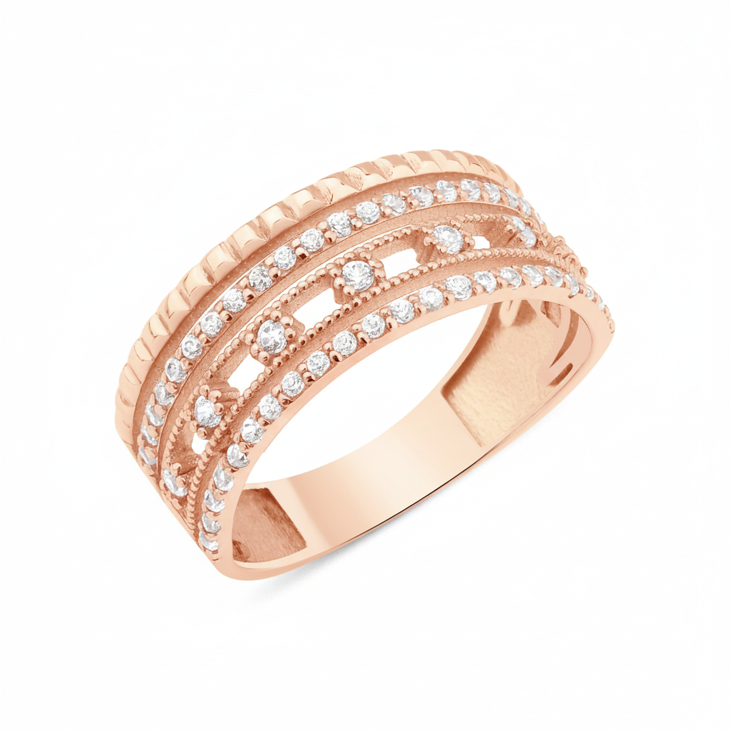 rose gold ribbed statement ring on white background