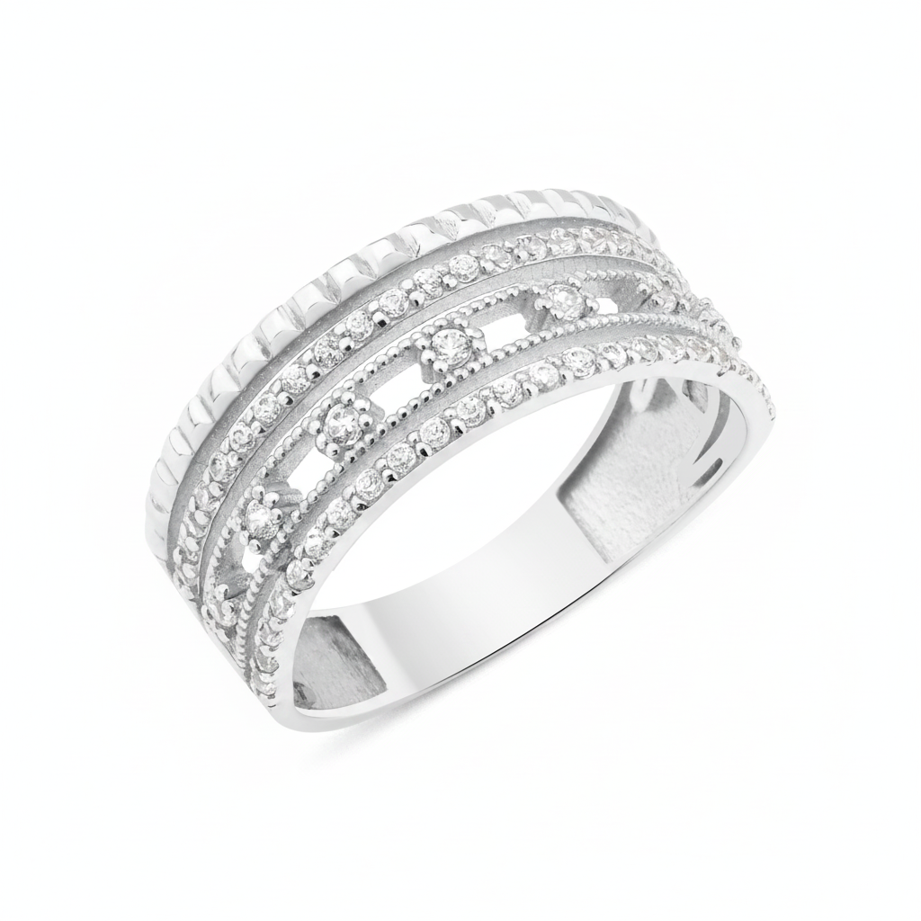white gold ribbed statement ring on white background