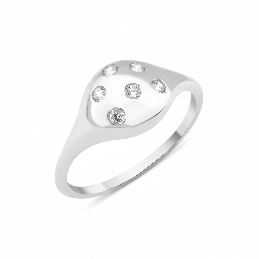 white gold scattered dome ring on white background