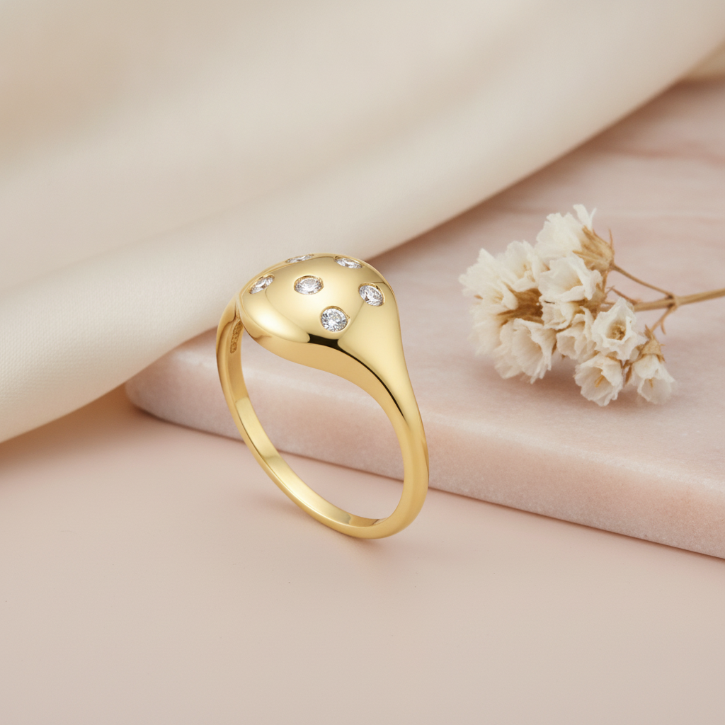 gold dome ring with scattered flush-set clear stones, on cream fabric with a dried flower