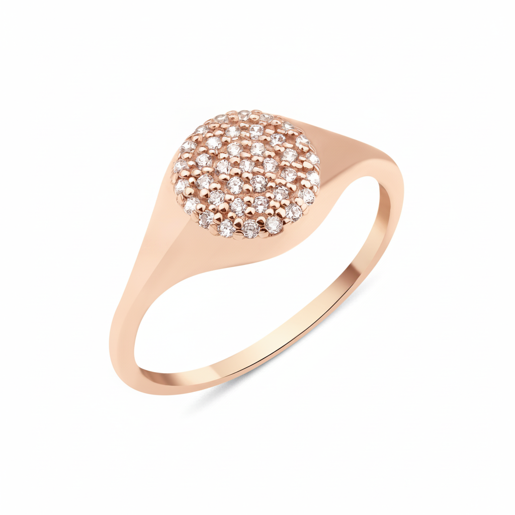 rose gold signet crest ring on white background
