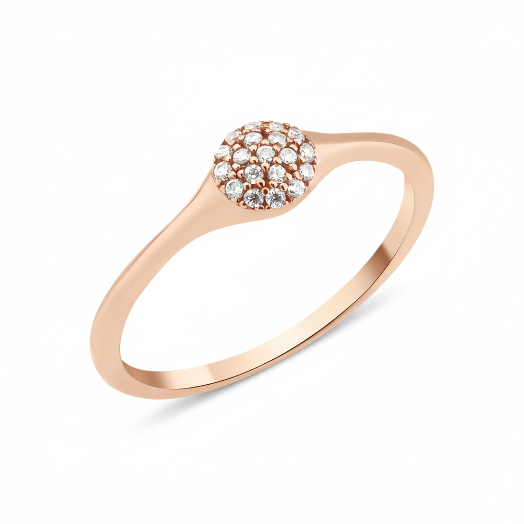 rose gold domed pave ring on white background