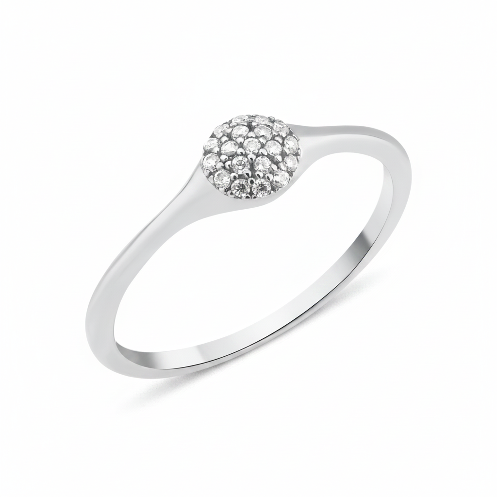 white gold domed pave ring on white background
