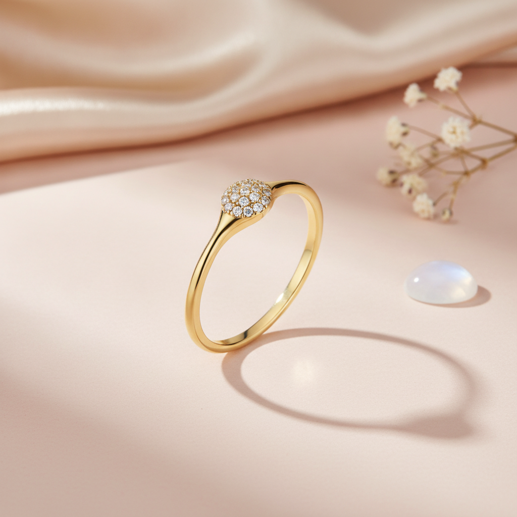 sleek gold ring with a central domed cluster of pave clear stones, on cream fabric with a dried flower