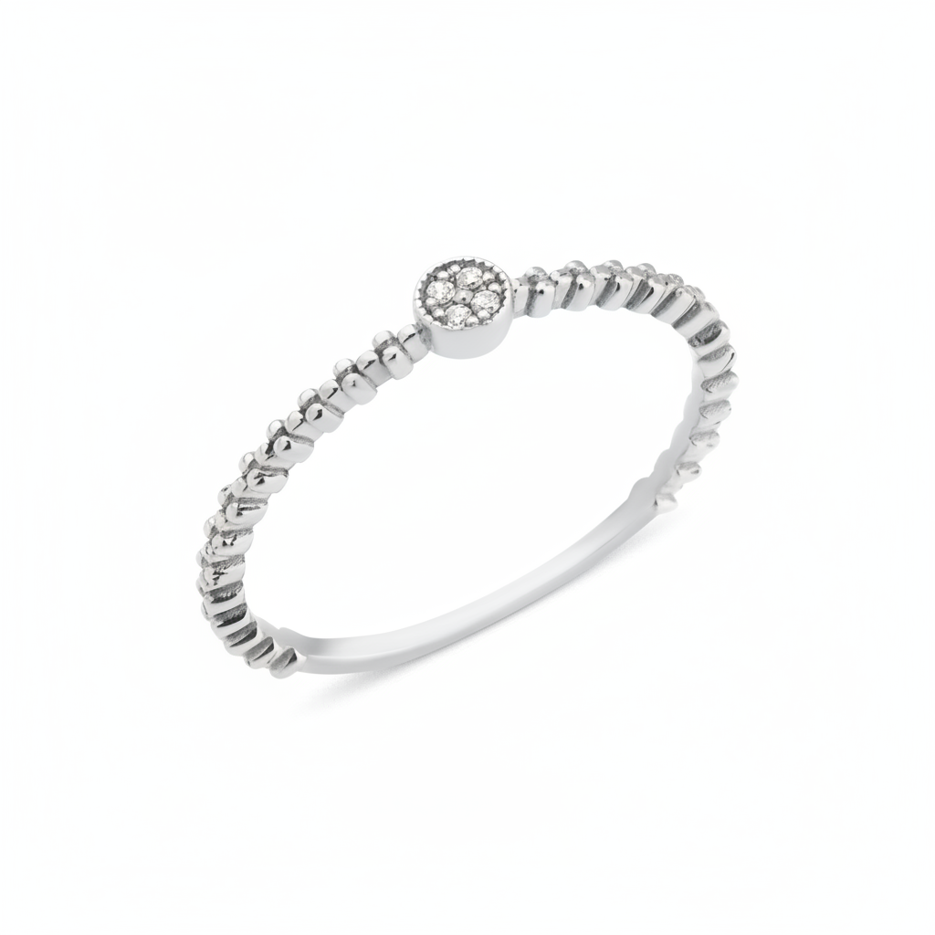 white gold beaded cluster ring on white background