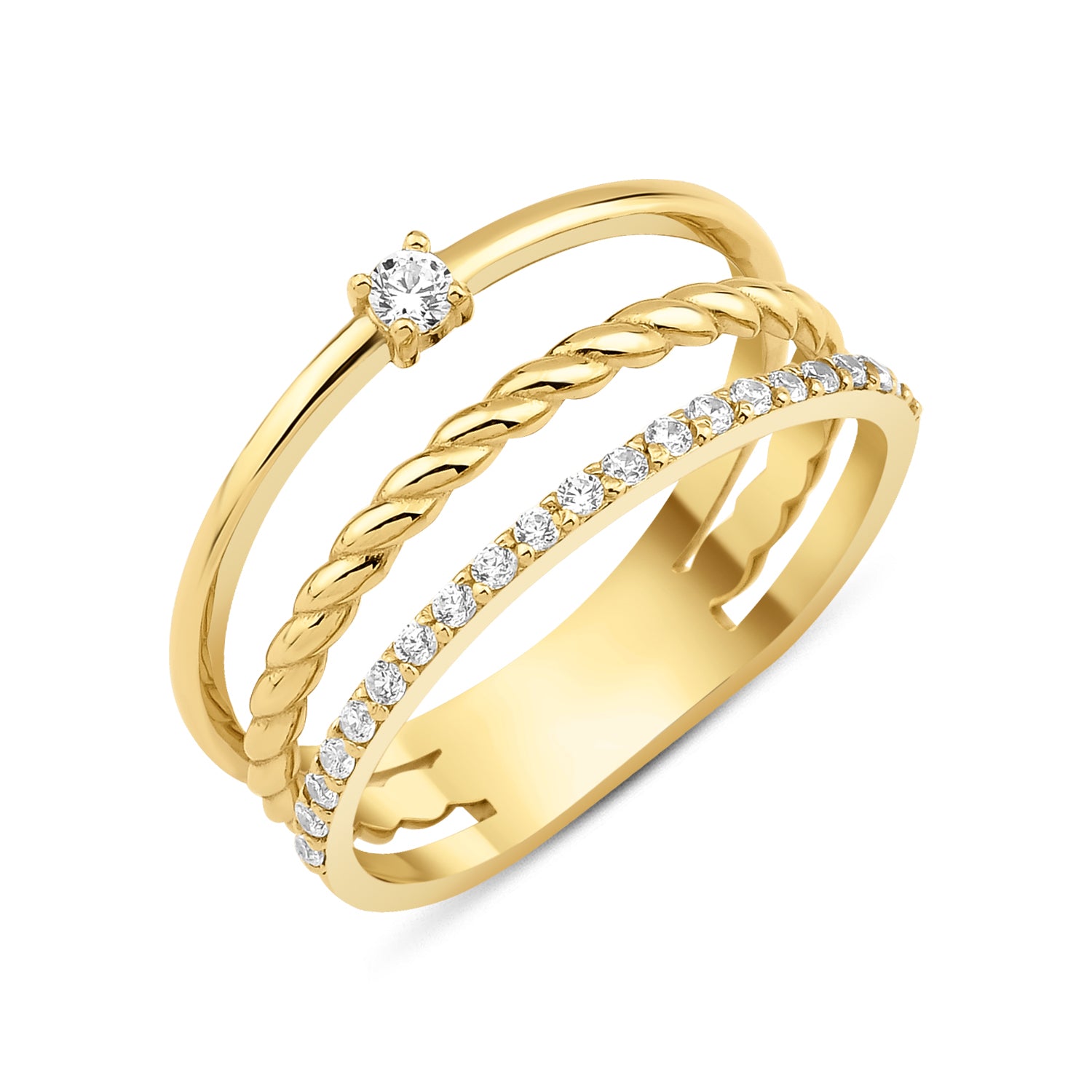 yellow gold triple texture ring on white background