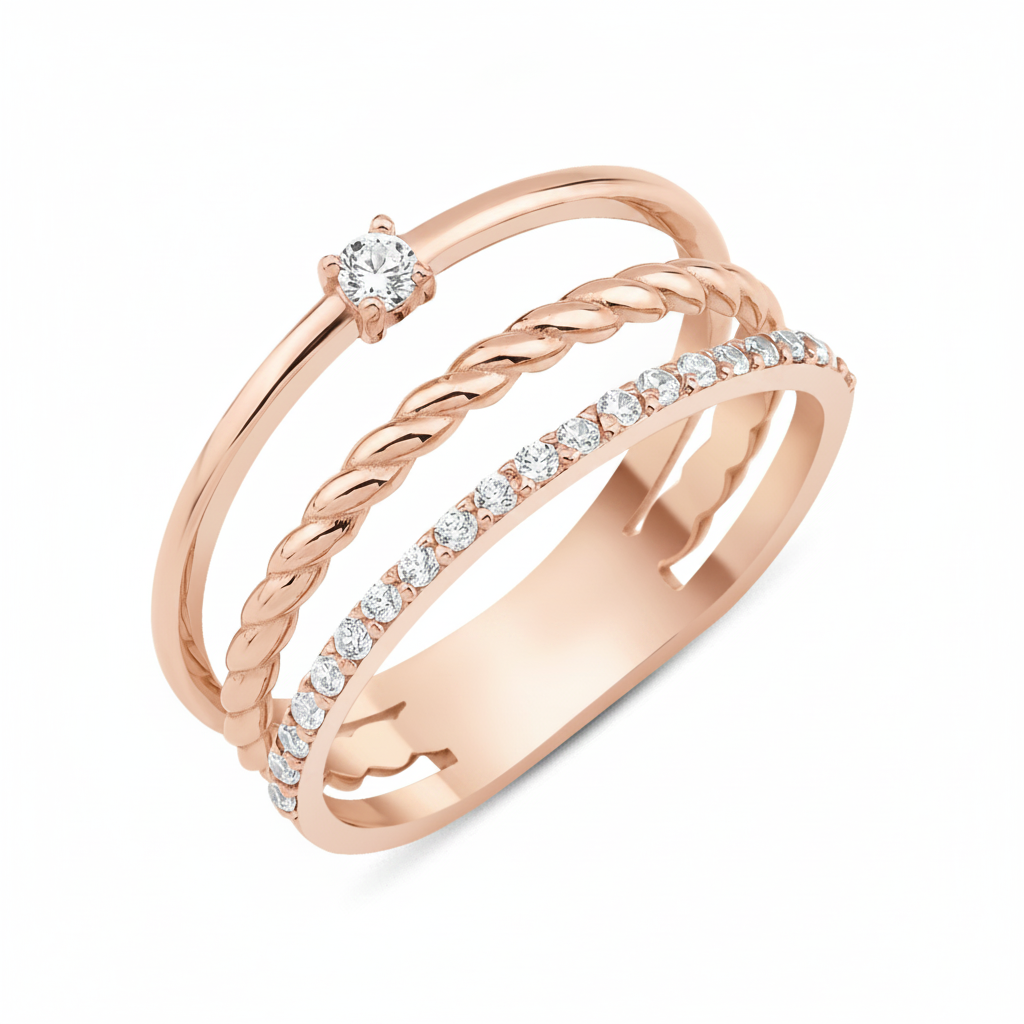 rose gold triple texture ring on white background