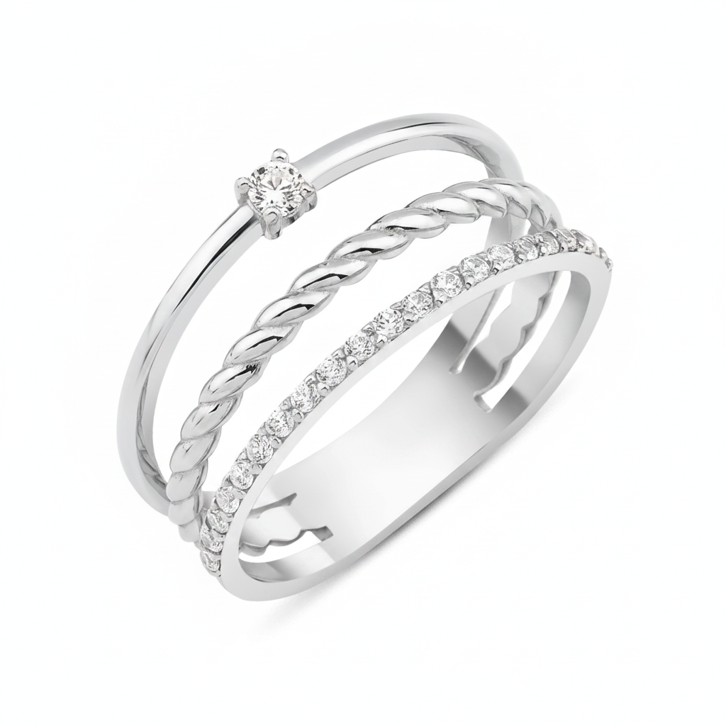 white gold triple texture ring on white background