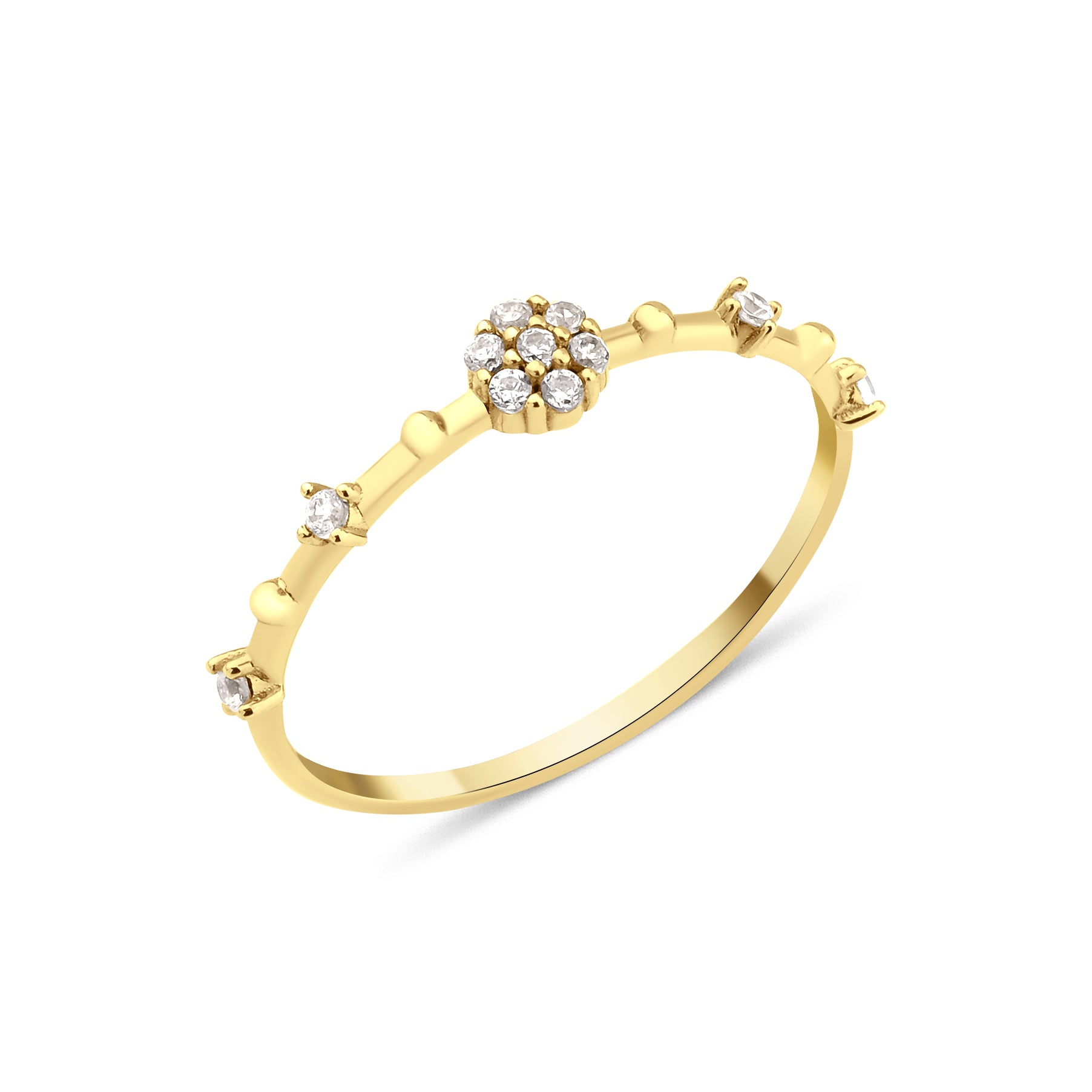 yellow gold floral cluster ring on white background
