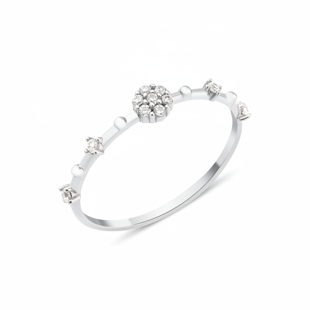 white gold floral cluster ring on white background