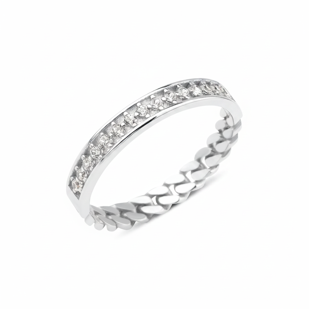 white gold chain pave ring on white background