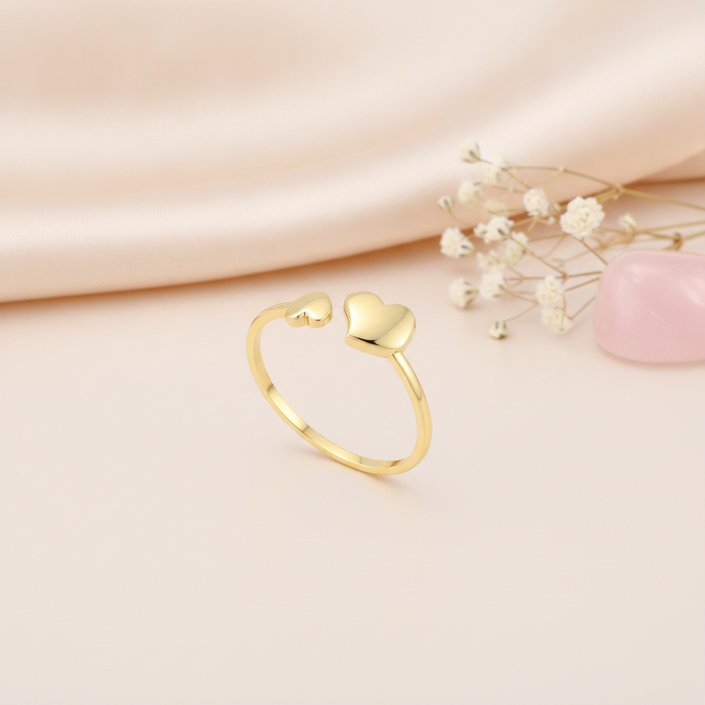 open gold ring with two smooth heart shapes on pink silk with dried flowers and a rose quartz stone