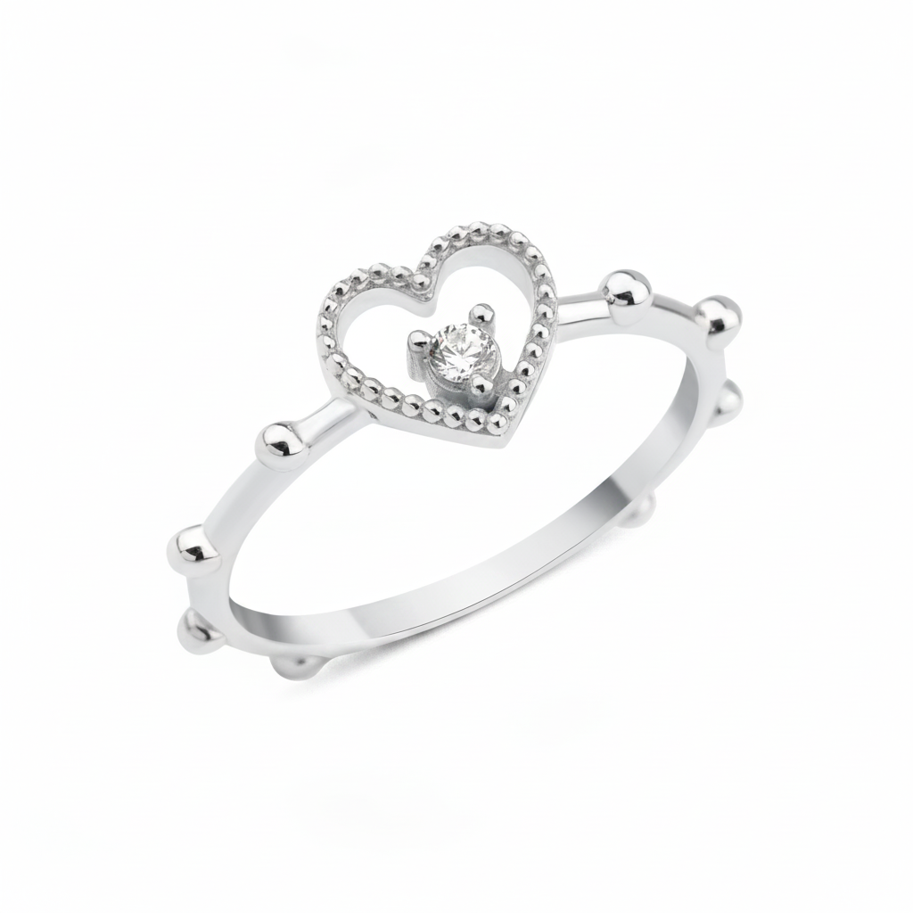white gold open heart ring on white background