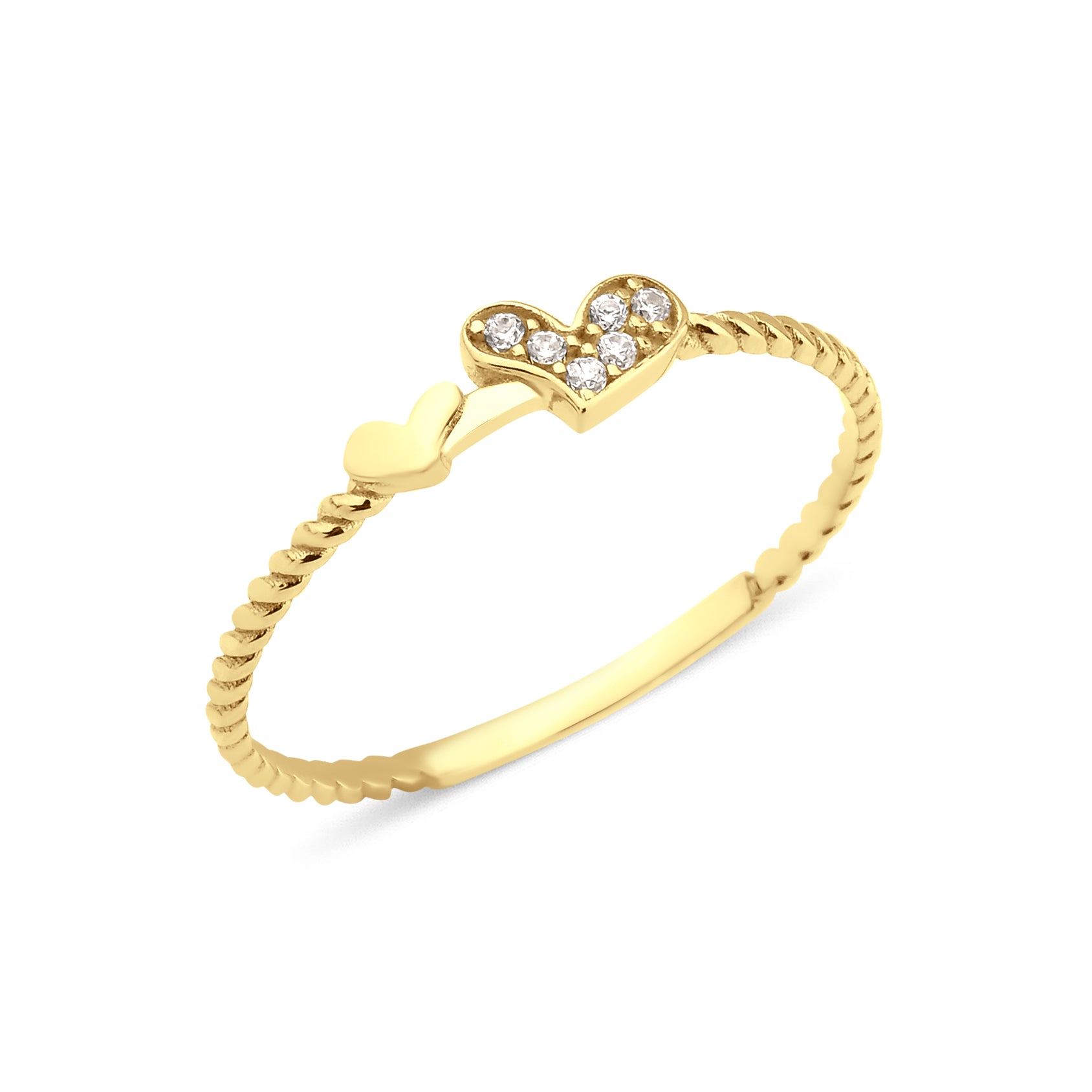 yellow gold twin heart ring on white background