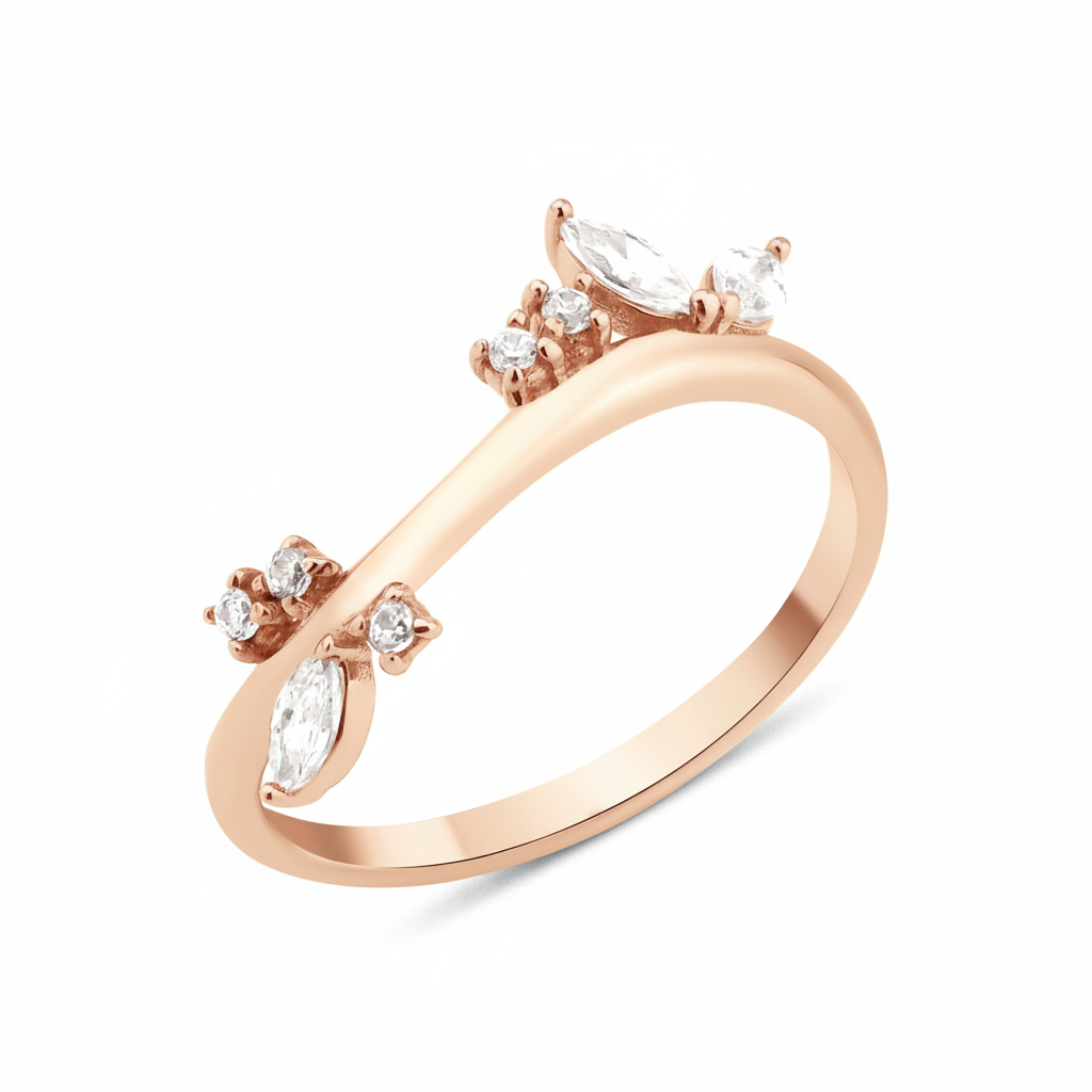 rose gold curved cluster ring on white background