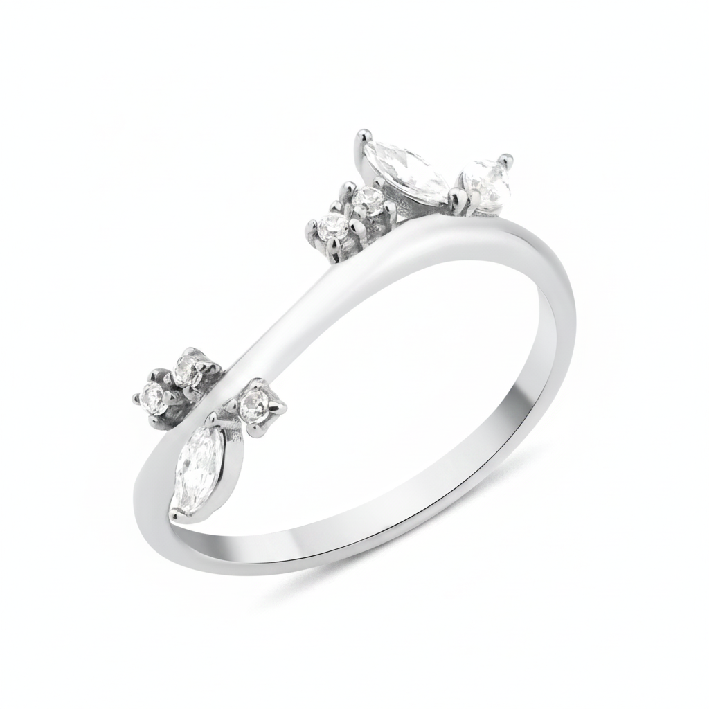 white gold curved cluster ring on white background
