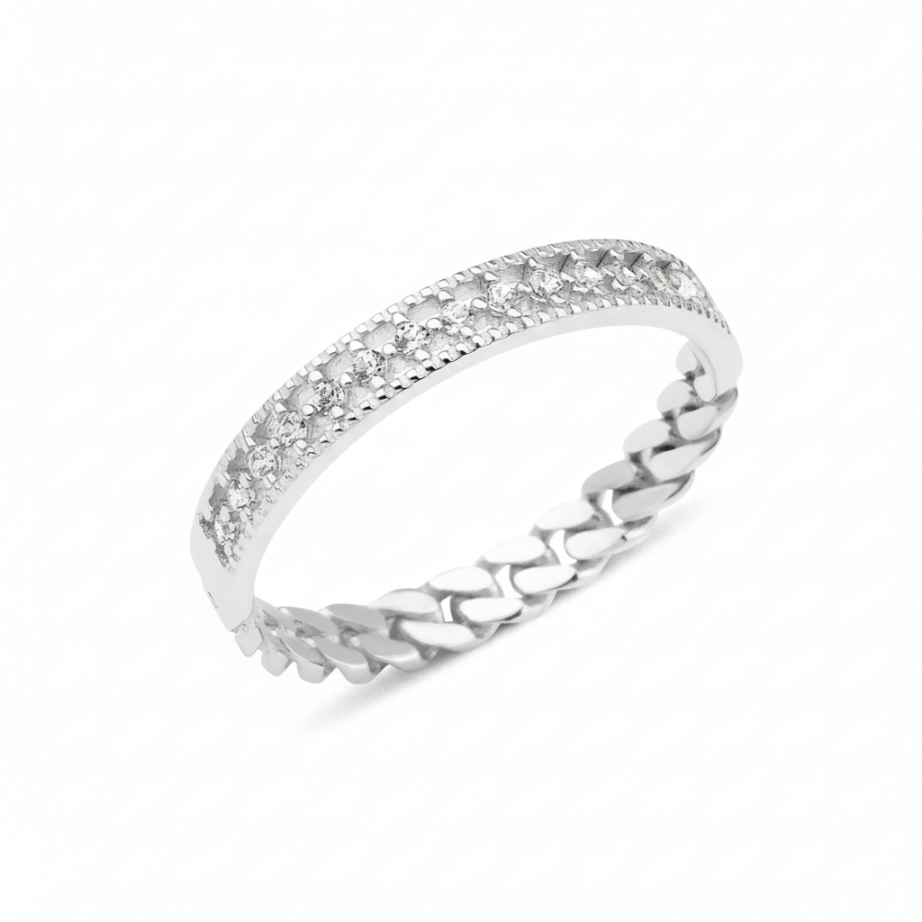 white gold chain link ring on white background