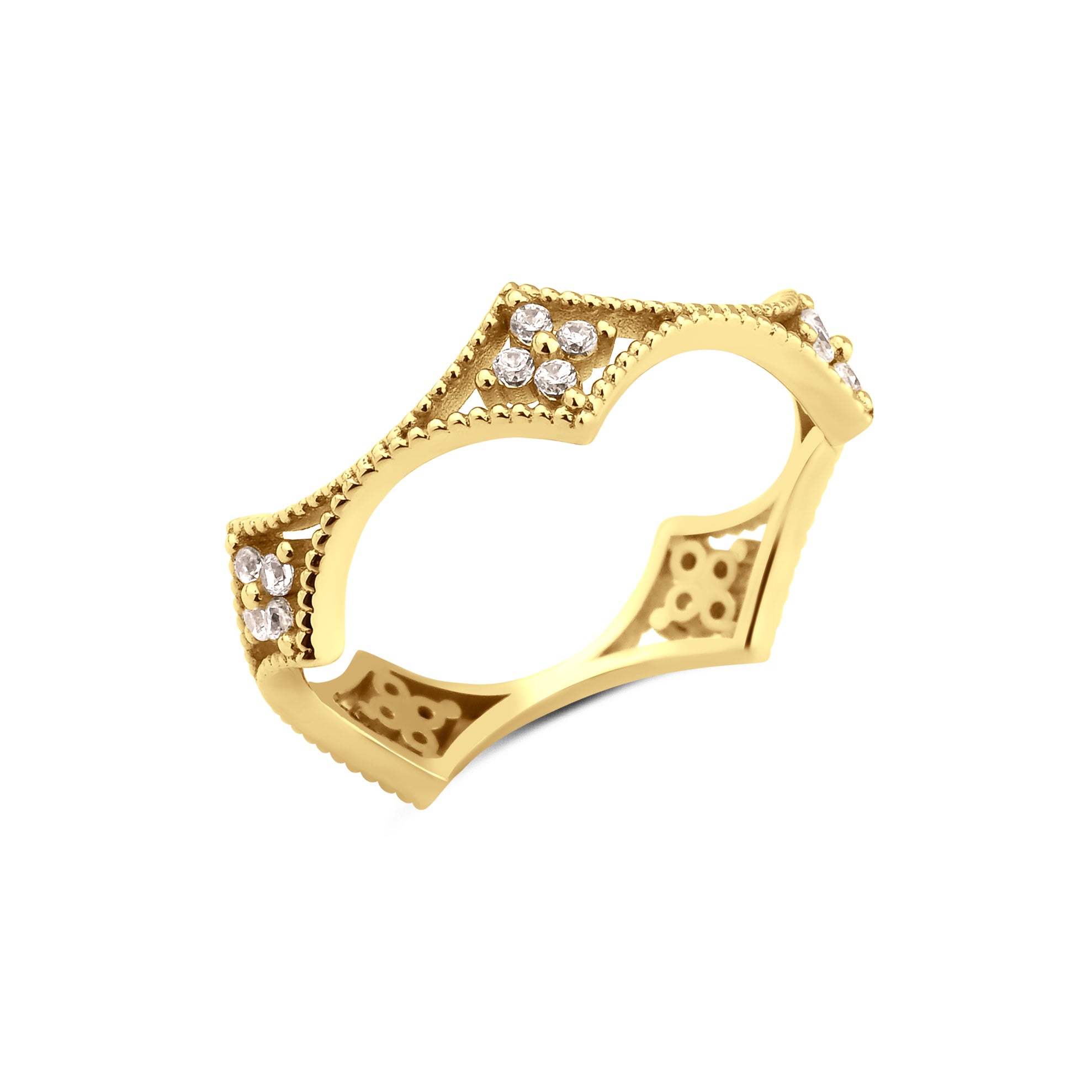 yellow gold filigree crown ring on white background