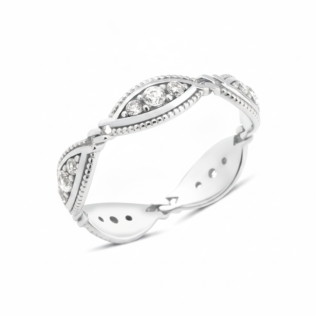white gold wave station ring on white background