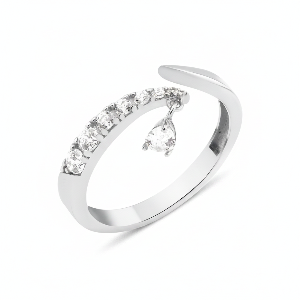 white gold teardrop bypass ring on white background