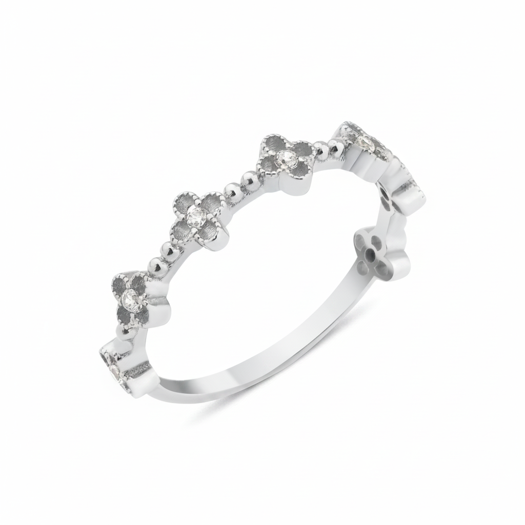 white gold floral vine ring on white background