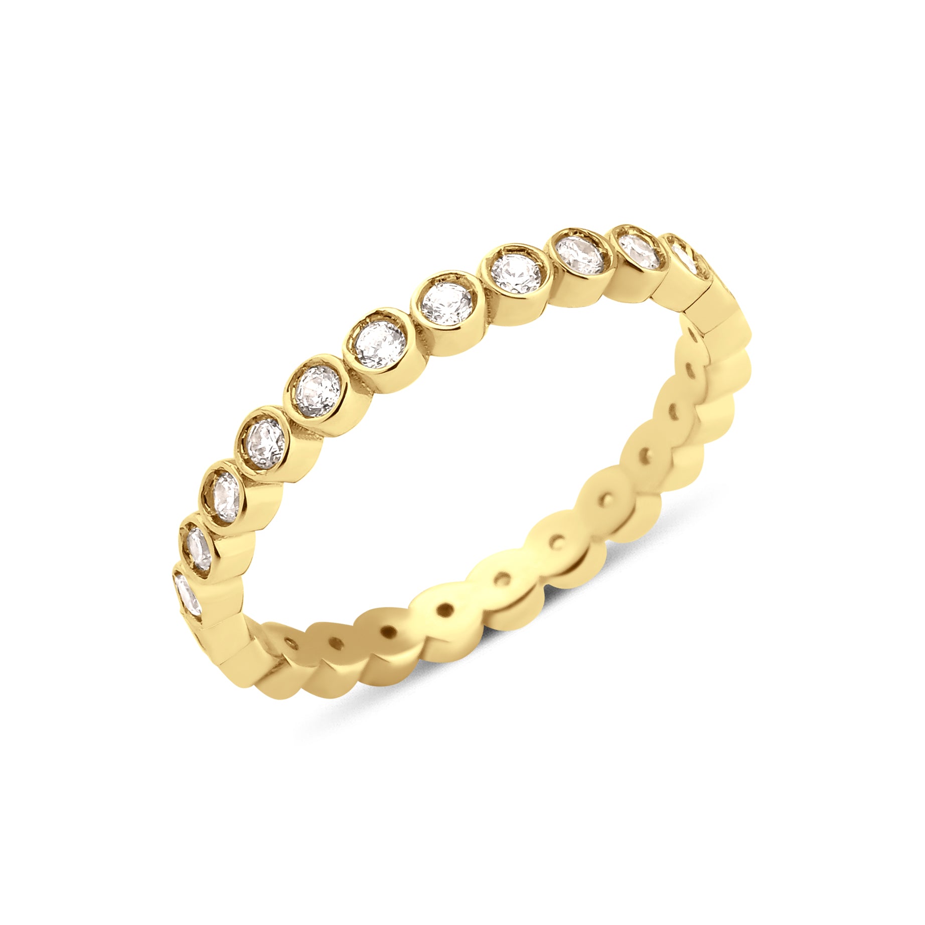 yellow gold bezel eternity ring on white background