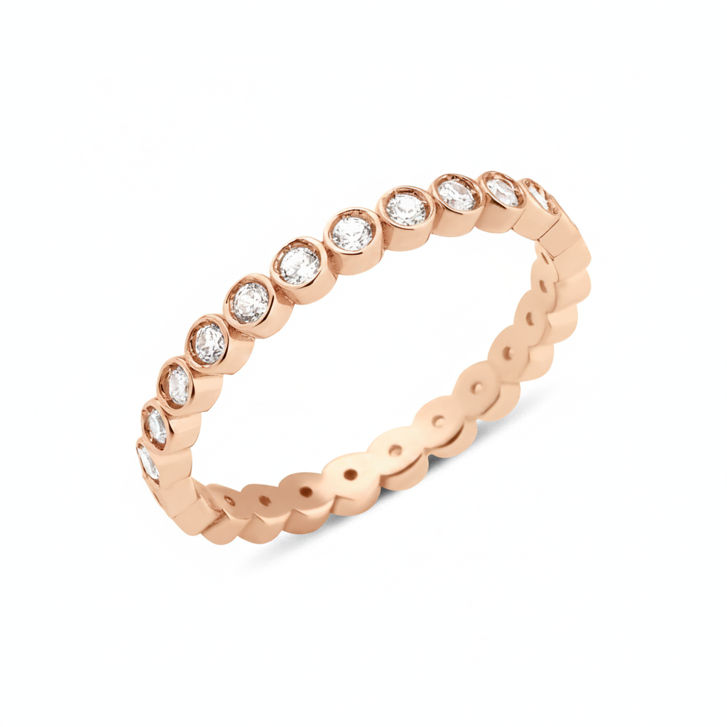 rose gold bezel eternity ring on white background
