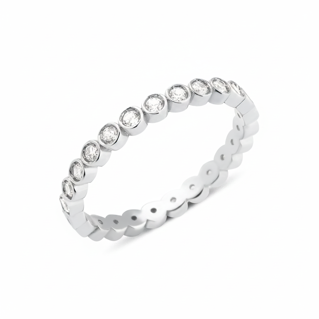 white gold bezel eternity ring on white background